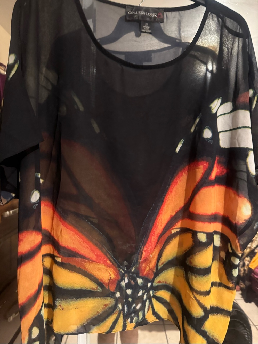 Colleen Lopez Black Sheer Butterfly Tunic with Orange and Yellow Print